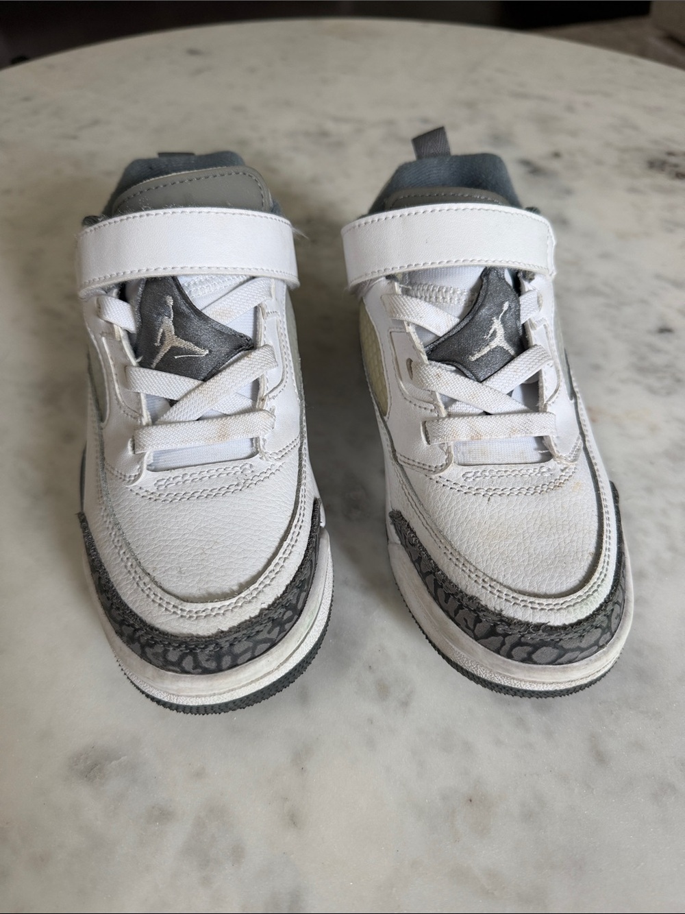 Jordan’s boys White and Gray Sneakers with Velcro Strap size 1.5Y